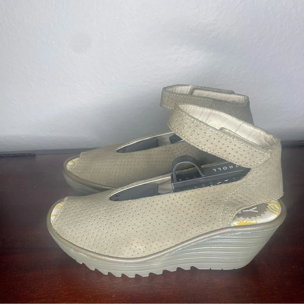 Fly London Beige Perforated Ankle-Strap Wedge Sandals